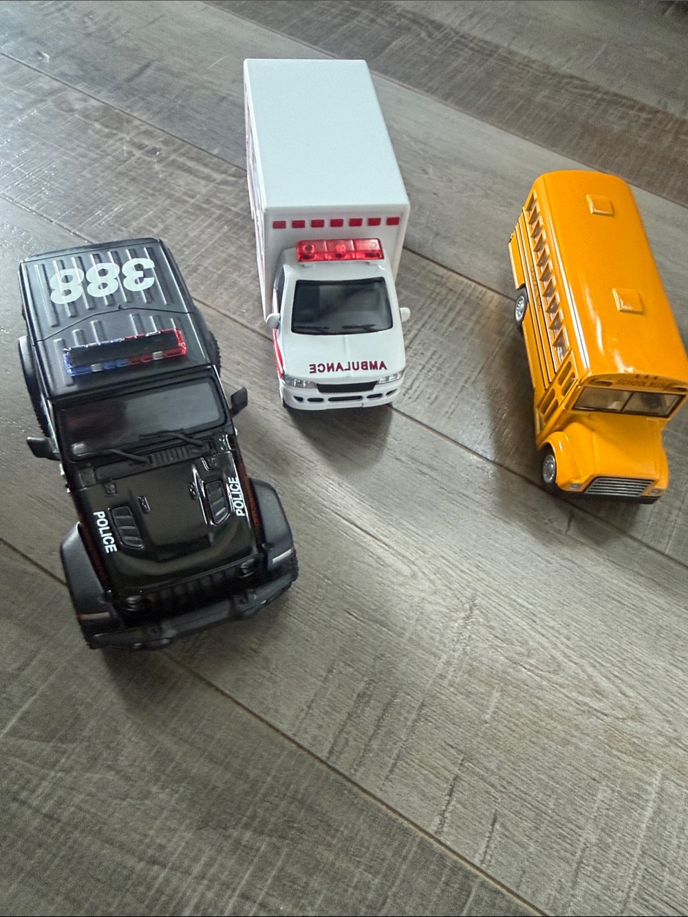 Kids Toy Vehicle Set - Black Police SUV, White Ambulance, Yellow School Bus